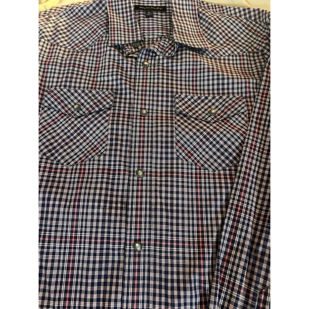 Banana Republic Mens Medium Plaid Western Snap Button Shirt Blue Red Long Sleeve